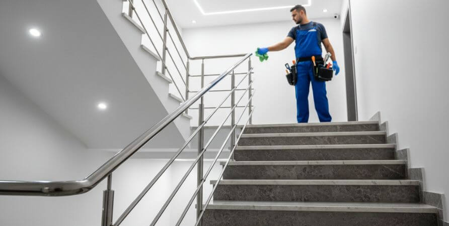 operario limpiando pasamanos de escaleras